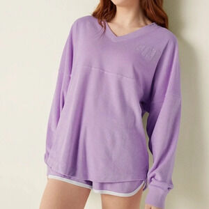 Victoria's Secret PINK Varsity Terry V-Neck Long Sleeve Sweatshirt Purple XS